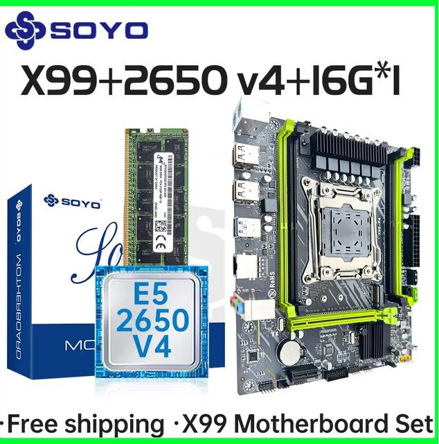 SOYO X99 Motherboard Set mit LGA2011-3 CPU E5 2650 V4, 16 GB DDR4 2133 MHz Speicher, NVME M.2 und SATA3.0, Schwarz - Bild 1