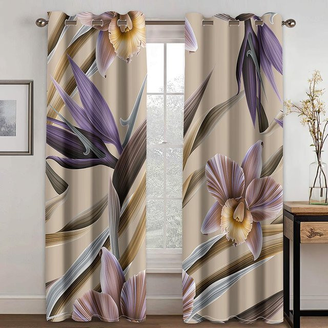 A Family Of Home Textiles Sonnenschutzvorhang im Retro-Stil mit Blumen- und Blättermuster, halbtransparent, Mehrfarbig, Breite: 135 cm, Höhe: 245 cm - Bild 1