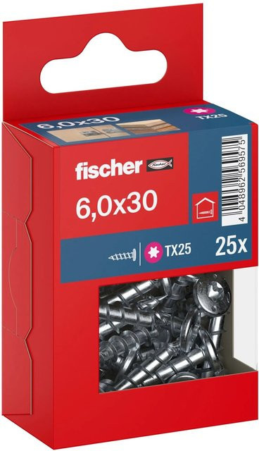 Fischer PowerFast II Pan Head TX Vollgewindeschraube für Holz, verzinkter Stahl, Farbe: Silber/Blau, Ø: 6 mm, Länge: 30 mm, 25 Stück - Bild 1