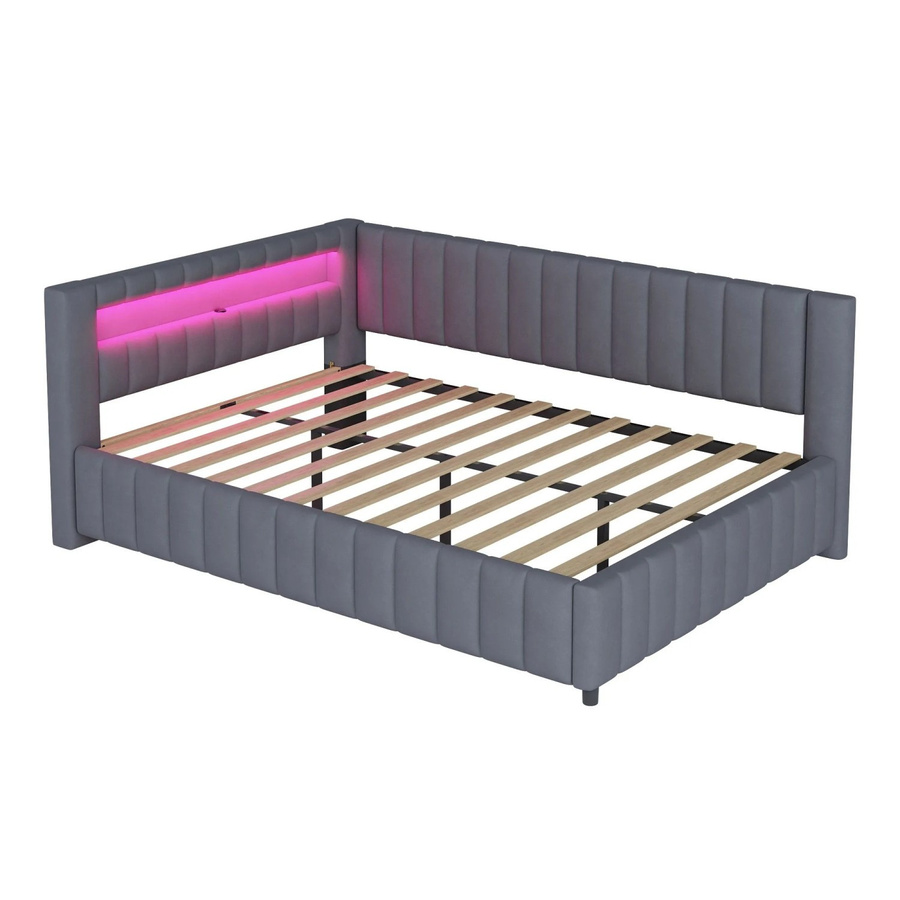 Merax Schlafsofa in L-Form aus Samt mit LED-Beleuchtung und USB-Anschluss, Grau, B/T/H: 209,0 x 147,5 x 82,0 cm - Bild 2