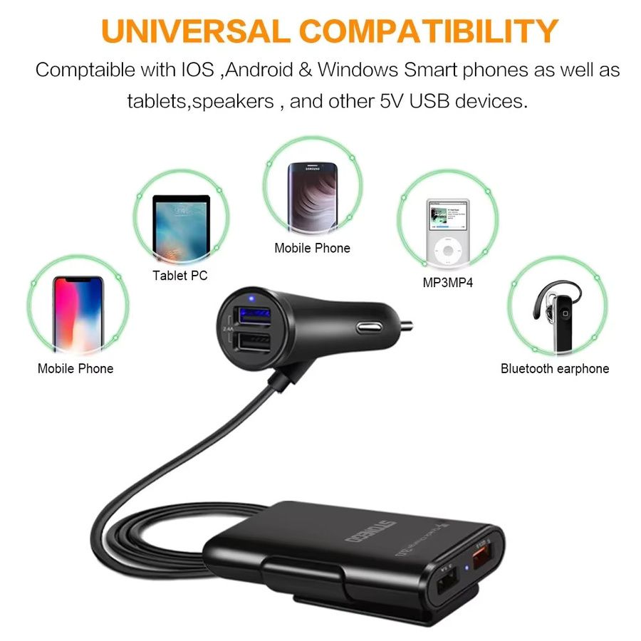 STONEGO 4-Port-USB-Autoladegerät-Adapter in Schwarz mit Schnellladung 3.0 und USB-A Anschlüssen für Vordersitz und Rücksitz - Bild 4