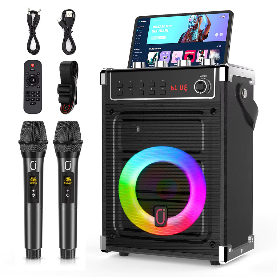 JYX 69 Karaoke-Maschine in Schwarz mit 2 UHF Drahtlosen Mikrofonen, Bluetooth-Lautsprecher mit Bass-, Höhen- und Echo-Einstellung sowie LED-Licht - Bild 9