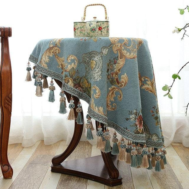 Runder Tischbezug von Your Warm Home aus Chenille-Jacquard mit floralem Muster und Quasten in Blau, Durchmesser: 160 cm - Bild 1