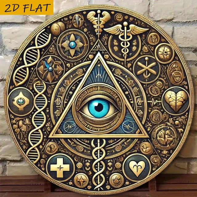 HELLOYOUNG Wandkunst-Scheibe aus Aluminium mit Freimaurer-Symbolen in Gold und Blau, Durchmesser: 20,32 cm - Bild 1