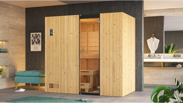 WEKA Infrarotkabine Uppsala für 3 Personen mit Fronteinstieg und wekaTherm-Flächenstrahlern 3,6 kW in Beige und Graphit - Bild 1