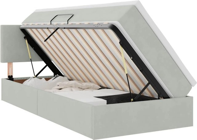 vidaXL Bett mit Stauraum und LED in Hellgrau aus Samt, B/T/H: 90 x 200 x 100 cm - Bild 1