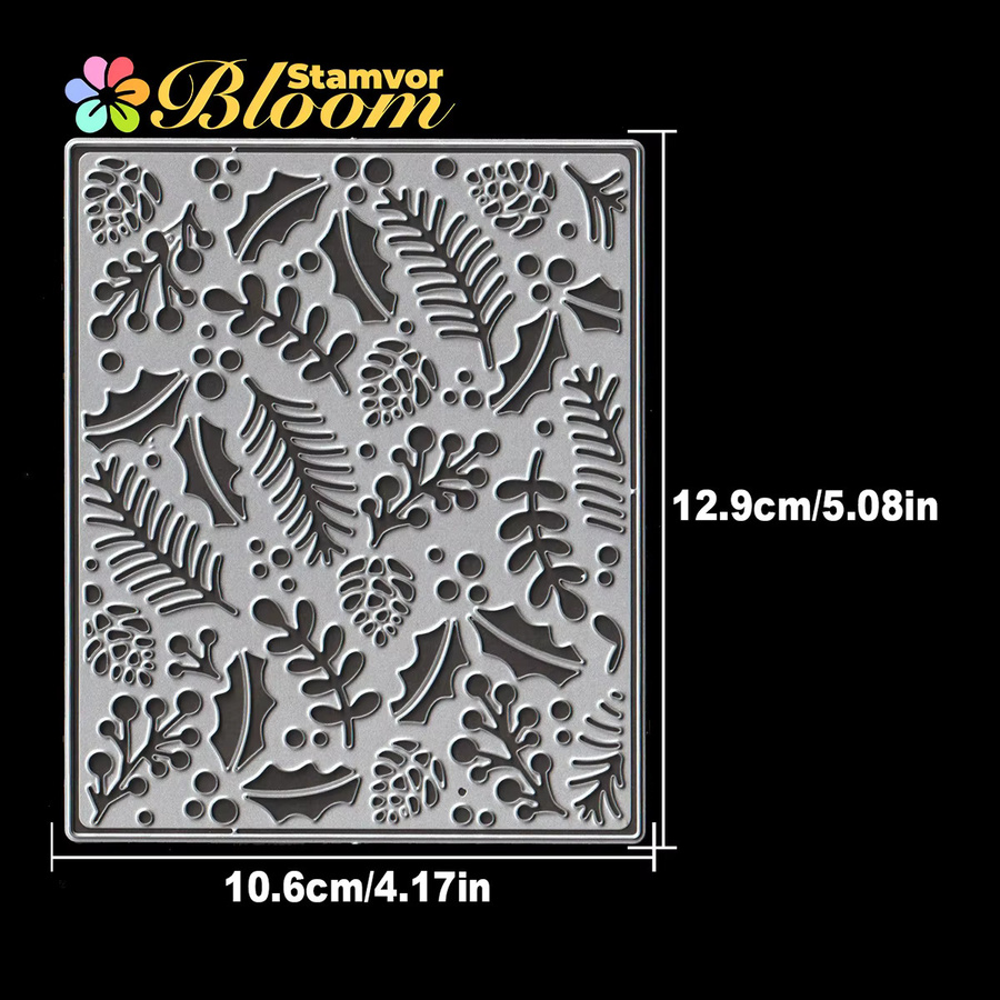 Metall Stanzform für Scrapbooking mit weihnachtlichen Blättern, Zweigen und Kiefern in einem quadratischen Rahmen zur dekorativen Prägung - Bild 2