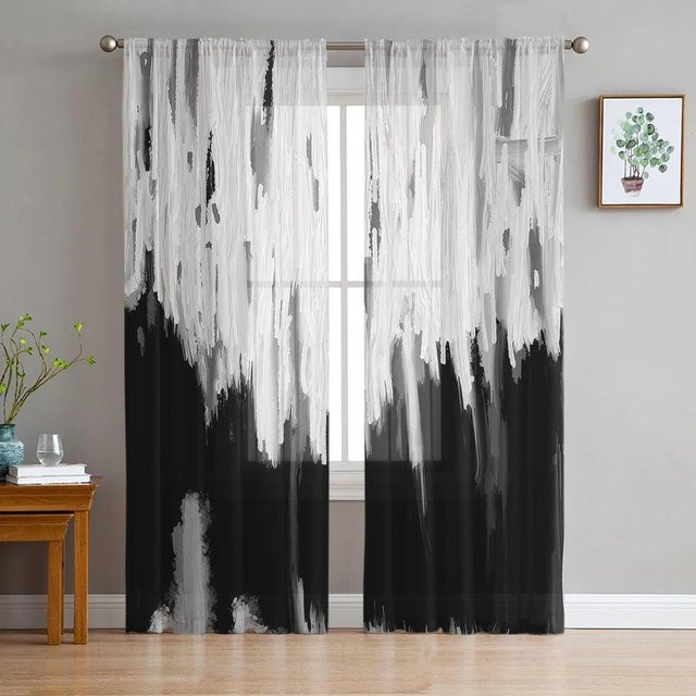 Transparenter Voile-Tüllvorhang von A Family Of Home Textiles mit schwarzem abstrakten geometrischen Ölgemälde-Design, Breite: 135 cm, Höhe: 274 cm - Bild 1