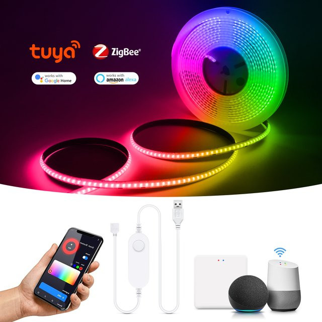 Rybakov ZigBee COB LED Streifen RGBWW mit Controller, Smart Tuya & Alexa kompatibel, USB 5V dimmbar, Multicolour Neon Band für Schlafzimmer und Dekoration - Bild 1