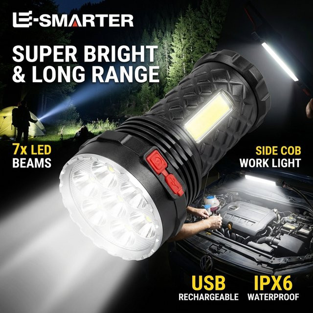 ESMARTER Tragbare LED Taschenlampe in Schwarz mit 7 LED-Lampenperlen, COB-Seitenlicht und wiederaufladbarem Akku für Outdoor und Camping - Bild 1