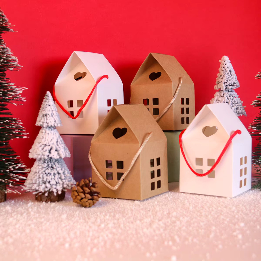 Joy-enlife Weihnachts Geschenkboxen in Hausform aus braunem Kraftpapier für Süßigkeiten und Cookies - Bild 1