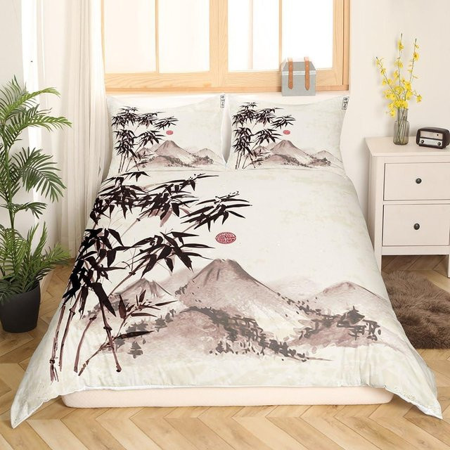 Flylo Bettwäsche Set Bambusblätter Japanischer Stil in Weiß, Duschemalerei Design, Material Mikrofaser Polyester, B/H: 100 x 135 cm - Bild 1