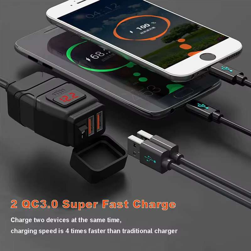 Universal 12V Motorrad USB Ladegerät mit USB-A und USB-C Schnellladefunktion, Digitales Netzteil für Motorrad Zubehör in Schwarz und Blau - Bild 2