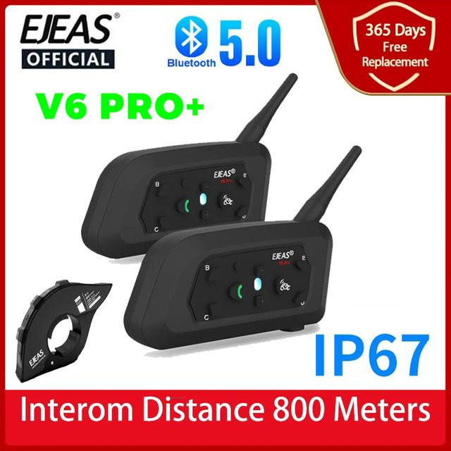 EJEAS V6 PRO+ Bluetooth-Motorradhelm-Intercom-Headset in Schwarz mit 800 m Reichweite für 6 Fahrer und IP67 Wasserdichtigkeit - Bild 1