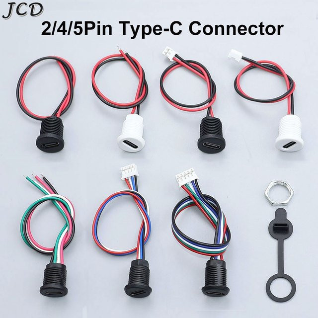 JCD USB-C Stecker mit Kabel, wasserdichte Kappe und Locking-Platte, 2/4/5 Pin, Schwarz - Bild 1