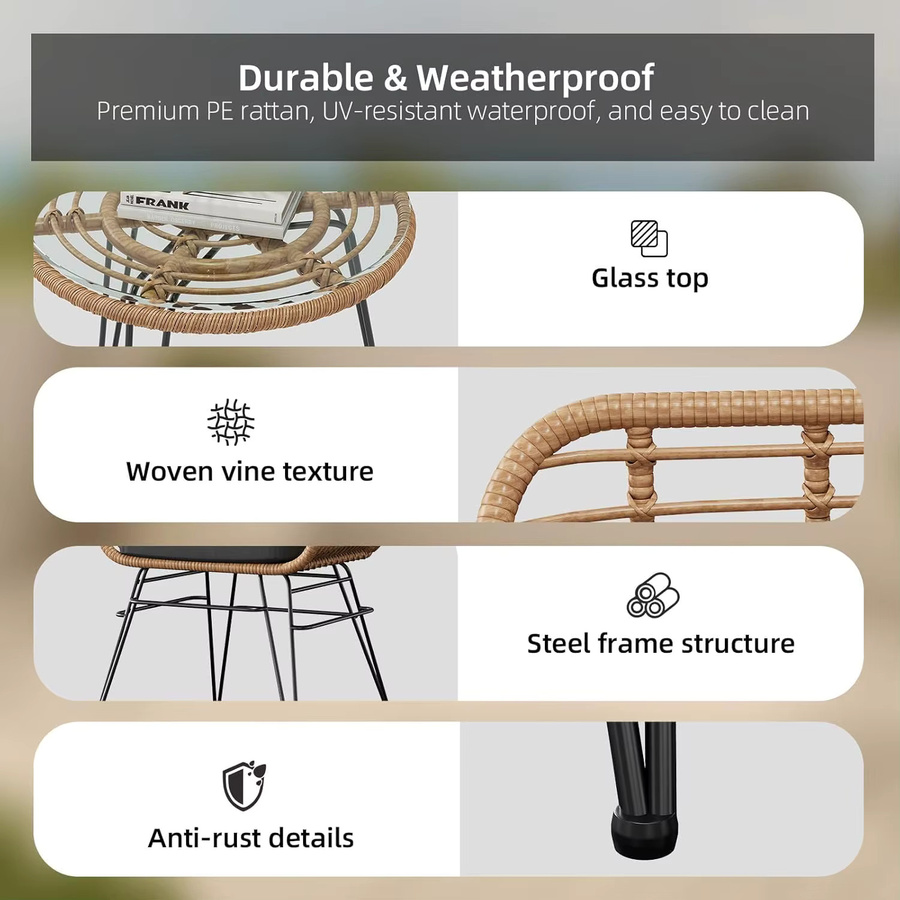 HiMISS 3-teiliges Rattan-Bistro-Set mit Tisch und Glasplatte sowie 2 gepolsterten Sesseln in Gelb und Schwarz - Bild 6