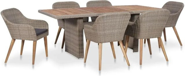 vidaXL 7-teilige Garten-Essgruppe aus Poly Rattan und Akazienholz in Braun und Grau mit Auflagen - Bild 1