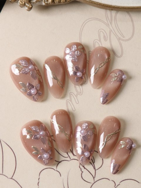 XEERCOOU Press-on-Nägel mit rosa Blumen, Glänzend, 10 Stück - Bild 1