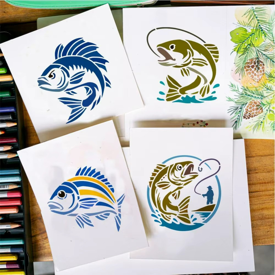 9 Stück Fischschablonen Set mit Kunststoff-Pinsel für Angler-Zeichnungen und Dekorationen, 9 verschiedene Stile, Größe: 15 x 15 cm - Bild 3