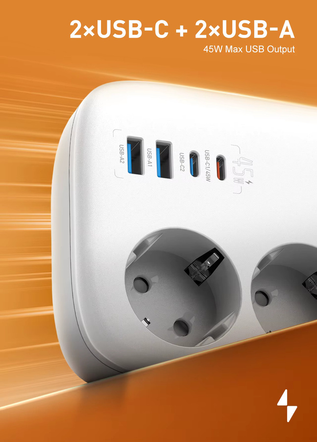 LDNIO Steckdosenleiste in Weiß mit USB-C Schnellladung 45 W, 2500 W und 2 m Verlängerungskabel inklusive Überspannungsschutz - Bild 3