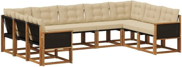 vidaXL Outdoor-Sofagarnitur L-Form aus Akazienholz mit 9 Textilene-Kissen in Natur und Beige - Bild 1