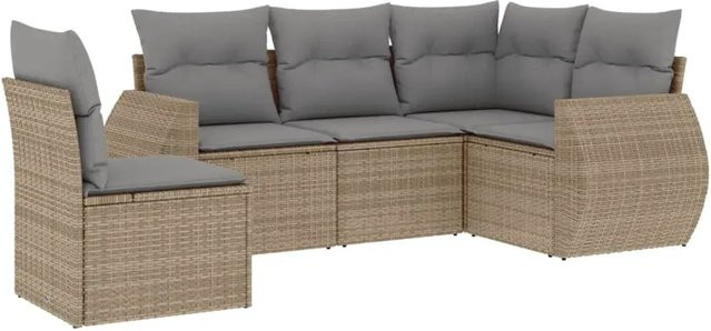 vidaXL 5-tlg. Garten-Sofagarnitur in L-Form aus Poly-Rattan mit Kissen in Beige und Grau - Bild 1