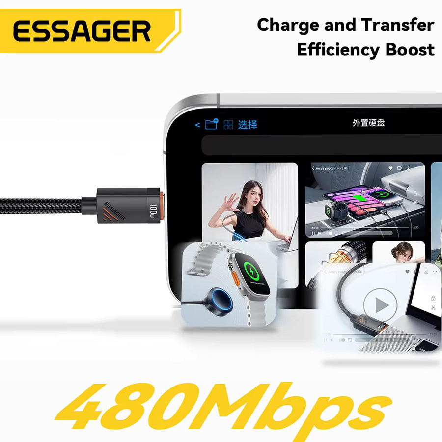 Essager USB-C auf USB-C Kabel mit 100 W PD Schnellladung für iPhone, Samsung und MacBook in Schwarz - Bild 5