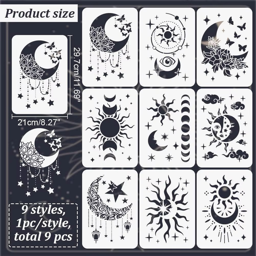 TIAMECH 9-teiliges Schablonen-Set A4 mit Sternen, Mond und Sonne für DIY Wandmalerei, Scrapbooking und Prägung, Breite: 29 cm - Bild 2