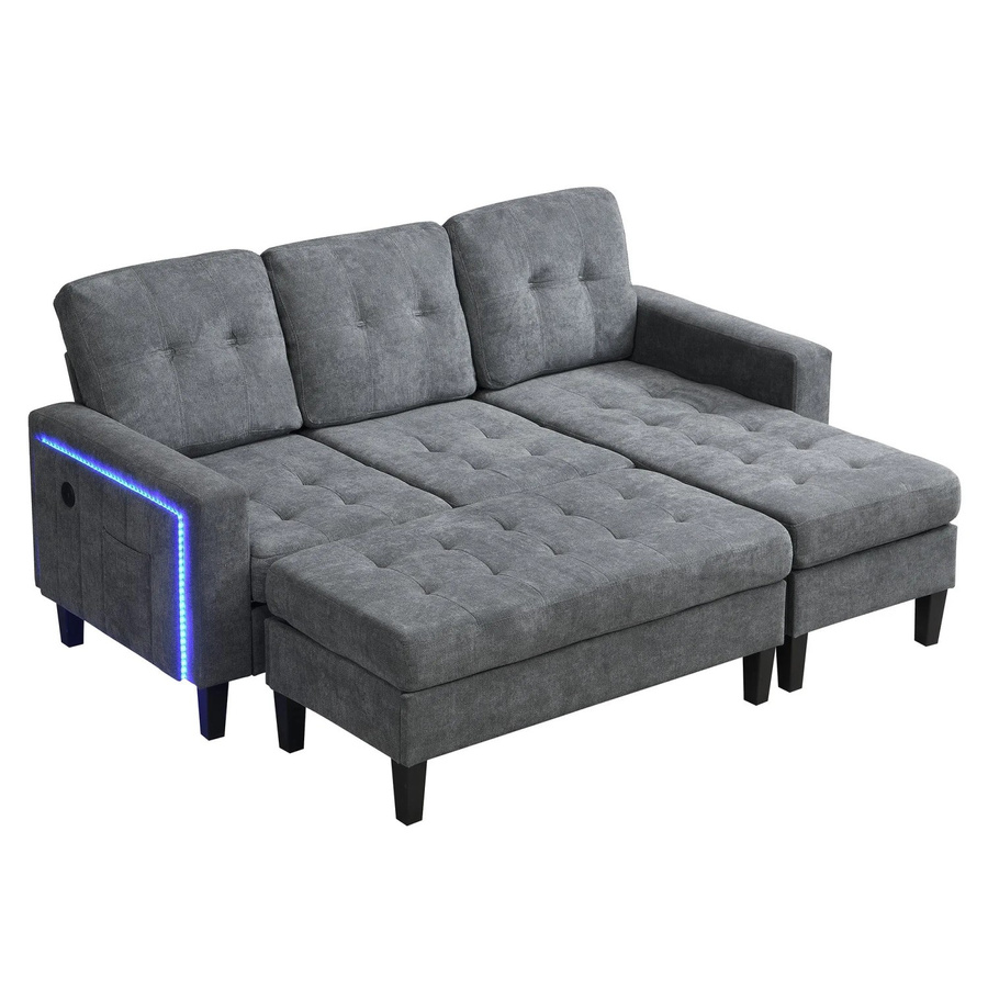 Merax L-Sofa Set mit LED-Beleuchtung und USB-Ladefunktion, modulares Sofabett in Grau mit Stoffbezug und Holzrahmen, reversibel - Bild 2