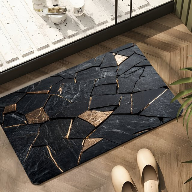 VIKAMA Luxus Teppich mit Marmor- und Kieselalgen-Design, Schwarz, rutschfest und maschinenwaschbar - Bild 1