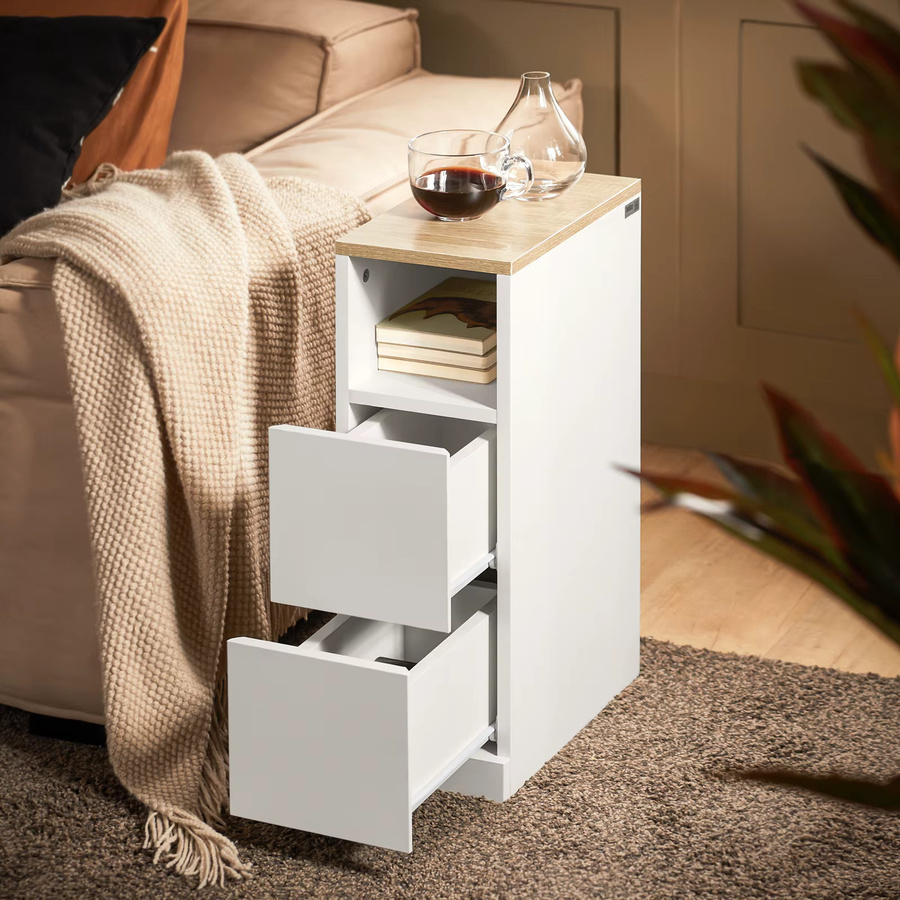 SoBuy Nachttisch FBT149-WN schmal mit 2 Schubladen und Ablage, Weiß, B: 20 cm, T: 35 cm, H: 60 cm - Bild 3