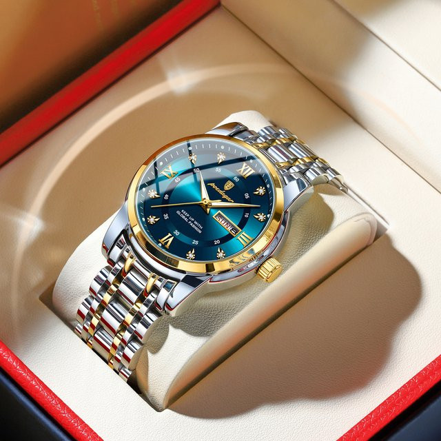 POEDAGAR Armbanduhr Edelstahl, Quarz, Datum, Wochentag, Blau, Herren - Bild 1