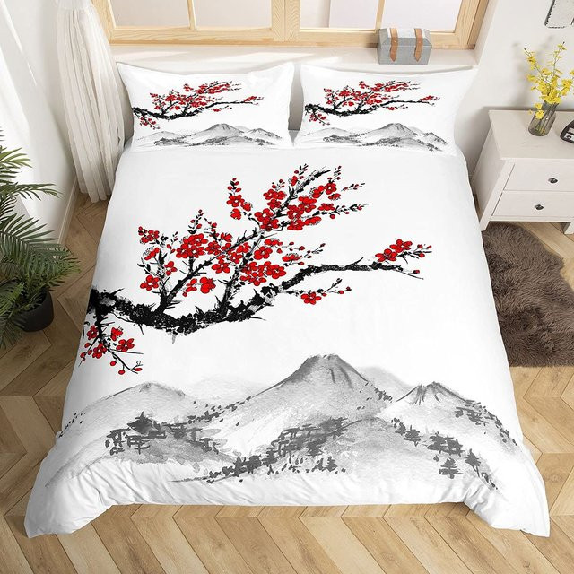 Japanische Bettwäschegarnitur von JMG Household Supplies mit Sakura-Kirschblüten-Motiv in Weiß, 3-teiliges Set für Doppelbetten, B/H: 140 x 200 cm - Bild 1