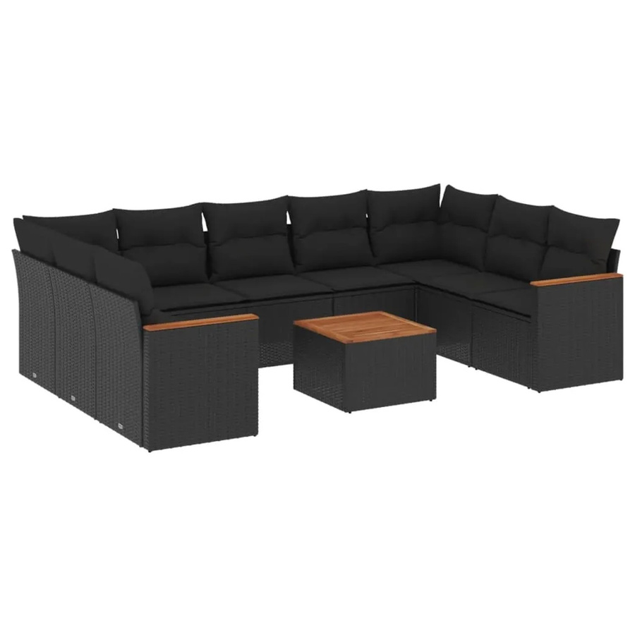 vidaXL 10-tlg. Garten-Sofagarnitur in L-Form aus Poly-Rattan und Akazienholz mit Kissen, Schwarz - Bild 2