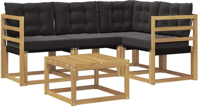 vidaXL Outdoor-Sofagarnitur 5-teilig in L-Form mit Kissen und Couchtisch, Akazienholz und Textilene, Weiß und Schwarz - Bild 1
