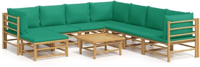 vidaXL 9-tlg Garten-Lounge-Set aus Bambus mit grünen Polsterkissen in U-Form - Bild 1