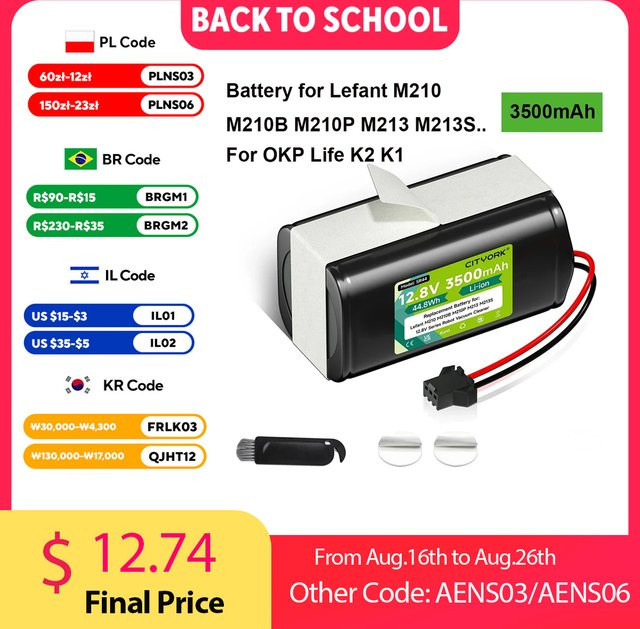Ersatzakku für Lefant Saugroboter M210 M210B M210P M213 M213S M213B M1 sowie OKP Life K2 K1, 12,8V 3500mAh, Schwarz - Bild 1