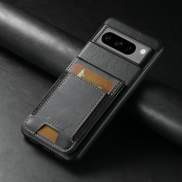 SUTENI Luxus Kartenhalter Handyhülle aus Kunstleder mit Ständer für Google Pixel 10 Pro XL, 9, 8A, 7, 6 in Schwarz - Bild 1
