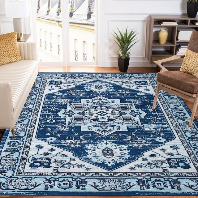 Maschinenwaschbarer Teppich TWISTER.CK im Vintage-Stil mit floralem Orient-Design, blau, rutschfest, B/T: 150 x 80 cm - Bild 1