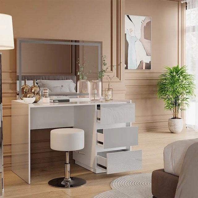 Vicco Schminktisch Marla in Weiß Hochglanz mit LED-Spiegel und Hocker, Breite: 120 cm - Bild 1