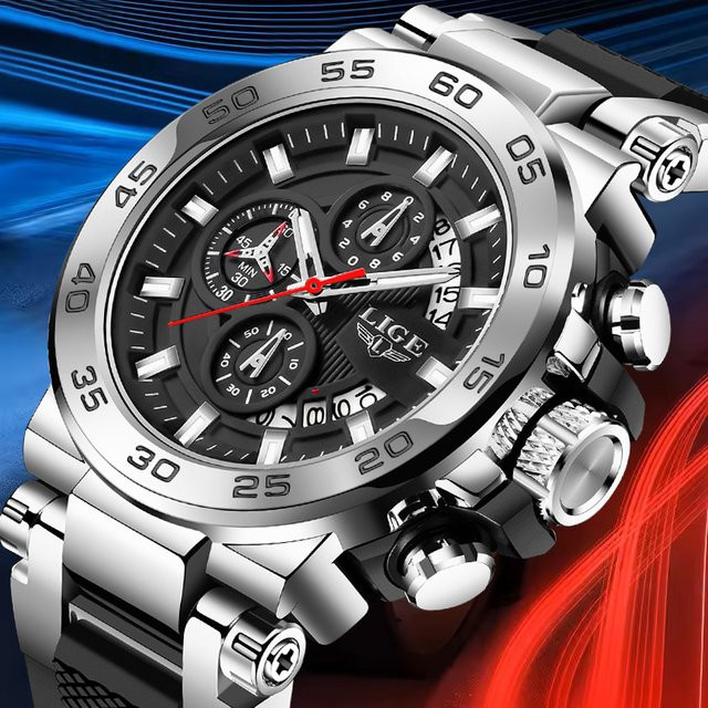 LIGE Armbanduhr Chronograph, Quarz, Silikon, Schwarz, Herren - Bild 1
