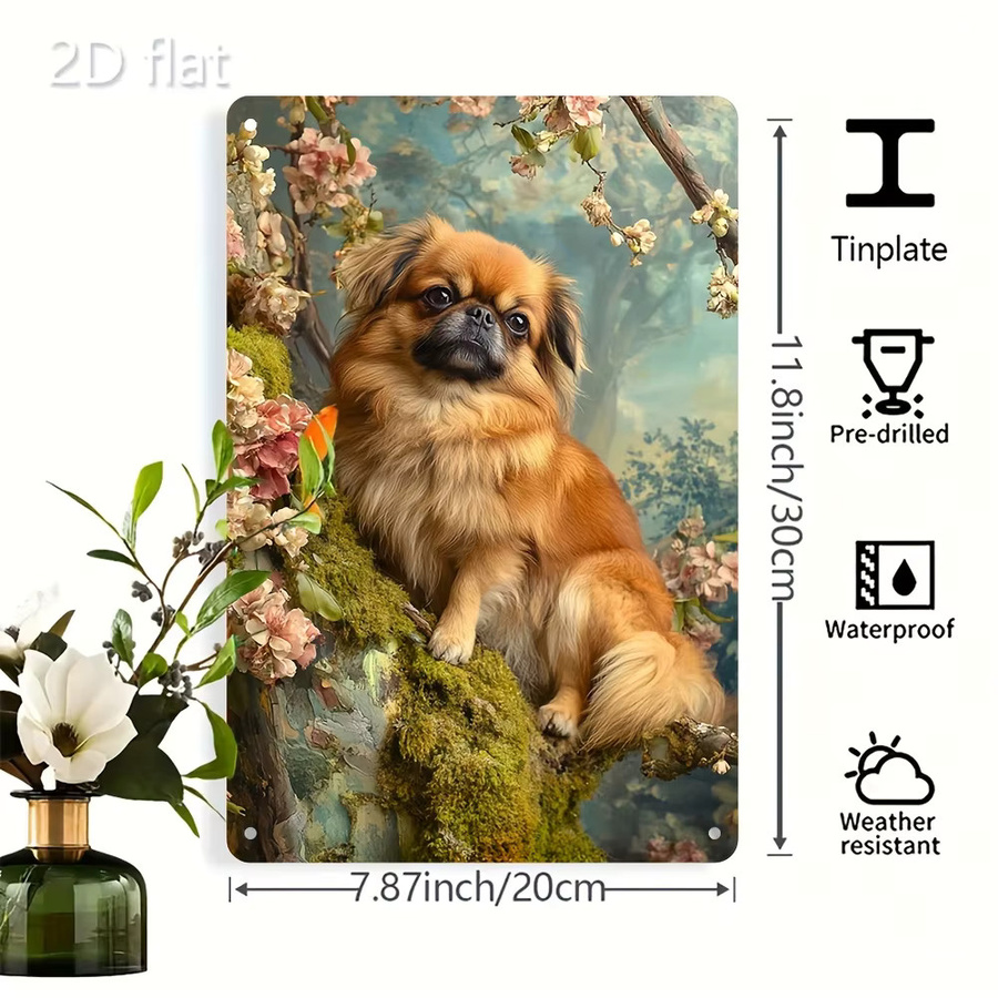 Vintage Metallschild CIFBUY mit Pekingese-Motiv und Blumenmuster, B: 20 cm, H: 30 cm, Mehrfarbig - Bild 2