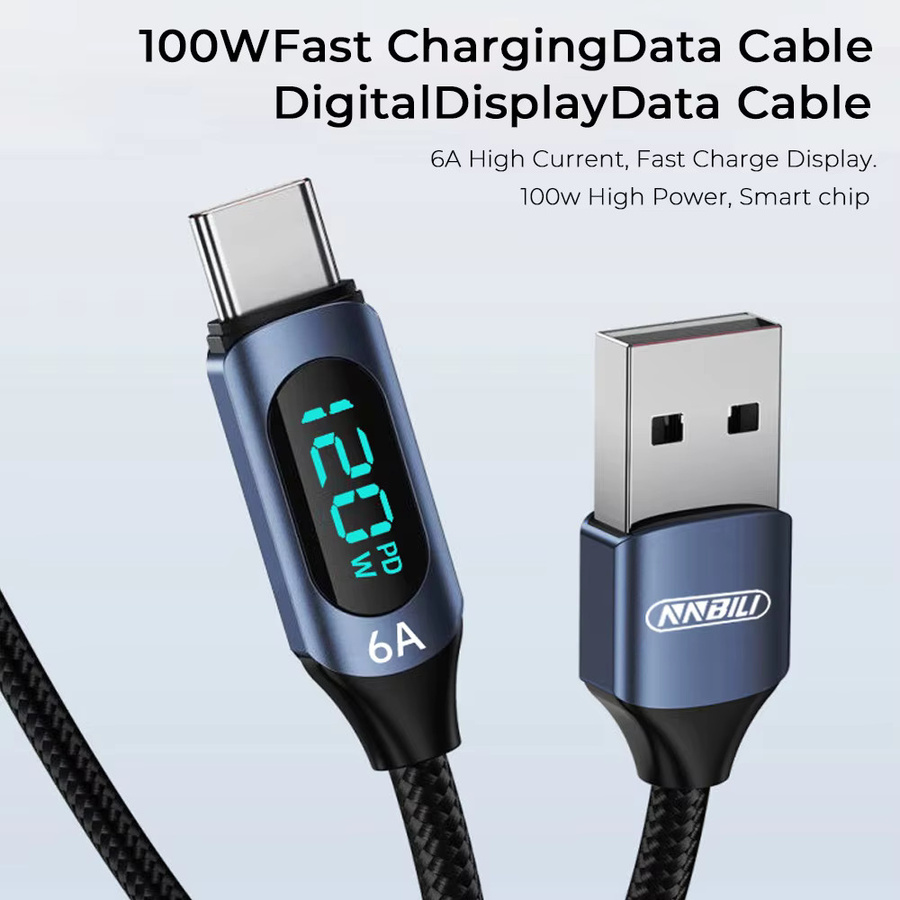 NNBILI USB-A auf USB-C Ladekabel mit 120W Schnellladefunktion und LED-Digitalanzeige in Blau - Bild 5