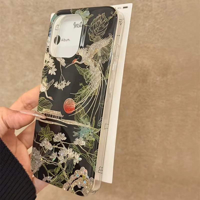 iPhone Hülle mit chinesischem Berglandschaft und Kranich Design in Schwarz für Apple iPhone 17 Pro 16 15 Pro Max 14 Plus 13 12 11 16E Air 7 8 SE Cover - Bild 3