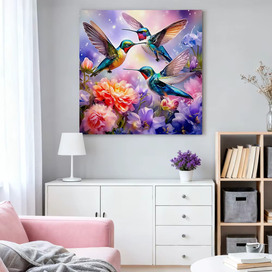 HUACAN Diamant-Mosaik Set mit Kolibri und Pfingstrosen, rund, mehrfarbig - Bild 2