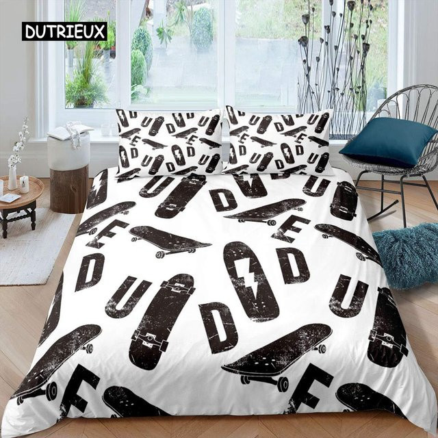 Jinmeige Bettwäscheset Skateboard Graffiti Design aus Mikrofaser für Jungen und Teenager, Farbe: Weiß, B: 172 cm, H: 218 cm - Bild 1