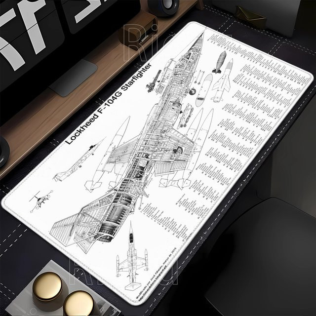 Riccu Gaming-Mauspad Flugzeugzeichnung Schwarz-Weiß mit HD-Druck und Overlock-Rand - Bild 1