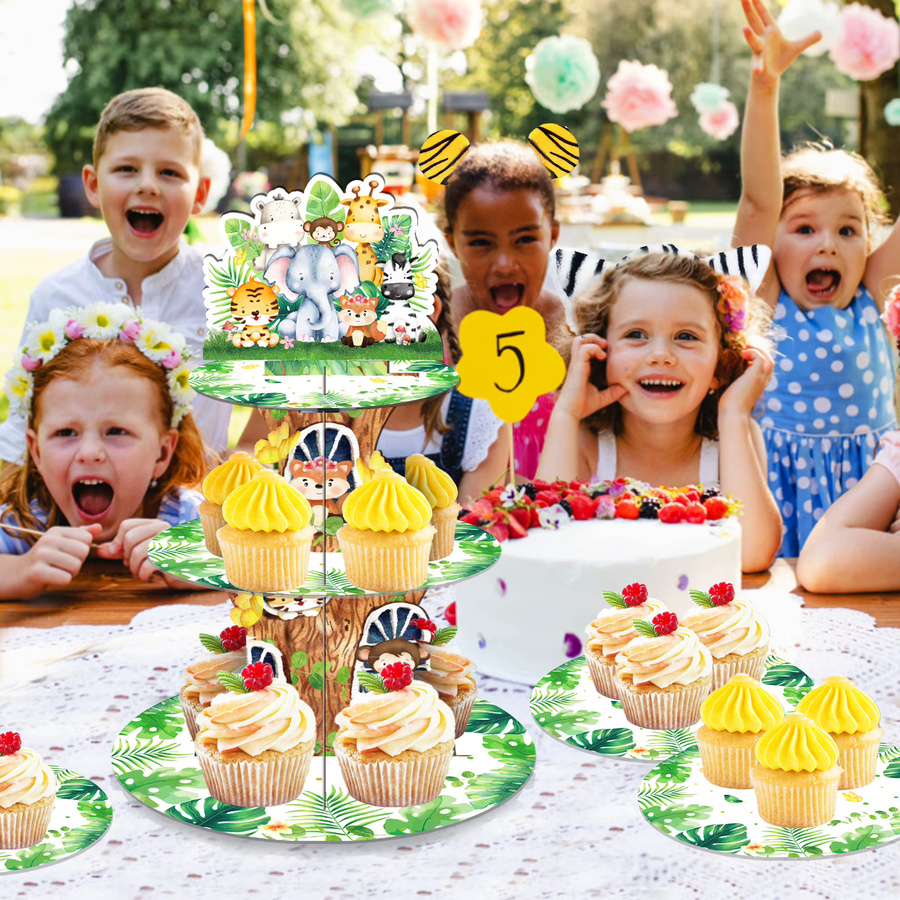 3-stöckiges Kuchendisplay mit Cartoon Dschungel Safari Wildtier Motiv für Geburtstag und Baby Shower, bunt, rund - Bild 4