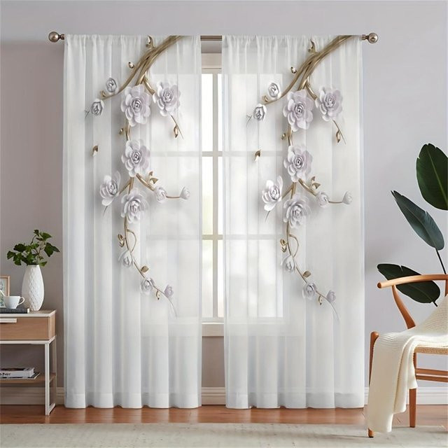 Yiran Furniture Voile-Jalousien aus Tüll mit goldenen Federn und Blättern, 2er-Set, Transparent/Gold/Weiß, Breite: 65 cm, Höhe: 60 cm - Bild 1
