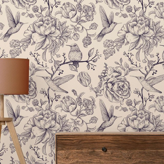 Pixel&Wall Tapete Kolibris und Blumen im Retro-Stil, abnehmbare Vlies Tapete, Multicolor - Bild 1